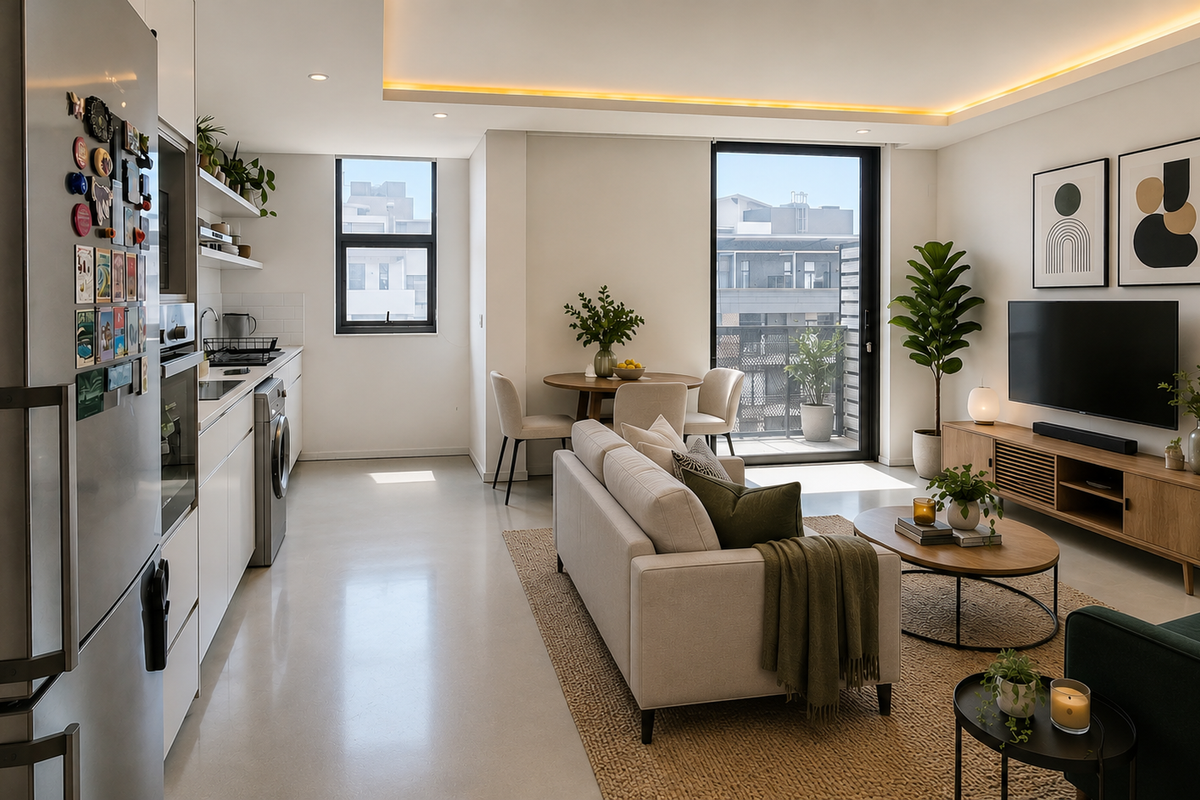 Modern open-plan living area featuring a sleek kitchen with built-in cabinetry, polished concrete floors, and seamless access to a private balcony.
