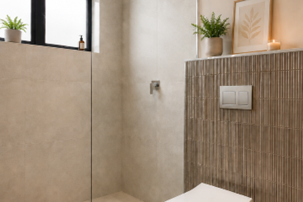 Modern bathroom featuring a walk-in shower with a rain shower head, wall-hung toilet with concealed cistern, and neutral tiled finishes.