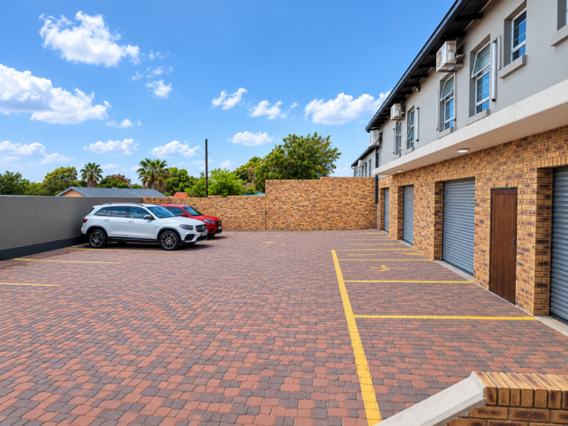 A well-maintained industrial parking area featuring brick paving, multiple roller shutter doors, and external wall-mounted air conditioning units along the building facade.