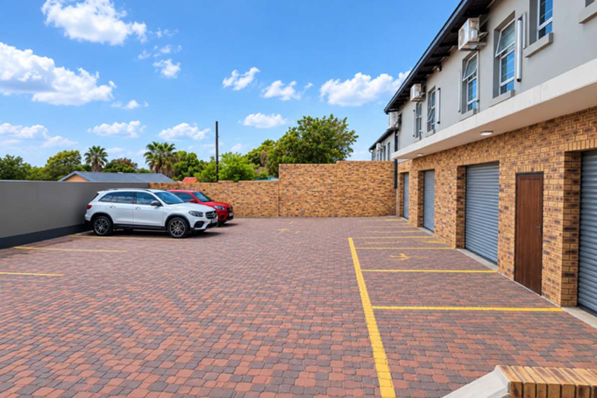 A well-maintained industrial parking area featuring brick paving, multiple roller shutter doors, and external wall-mounted air conditioning units along the building facade.