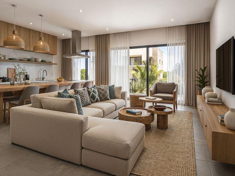 Modern open-plan living area featuring a sleek kitchen with wood cabinetry, stone backsplash, and seamless flow to a bright, airy lounge space.