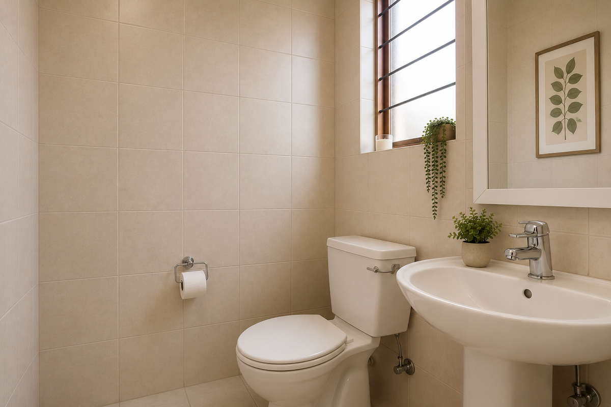 A clean and functional guest bathroom featuring neutral wall tiles, a pedestal basin with chrome mixer tap, and a window with security bars.