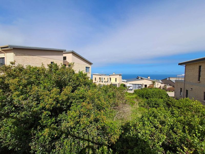 A scenic view overlooking a residential neighborhood with coastal landscape and ocean horizon in the distance.