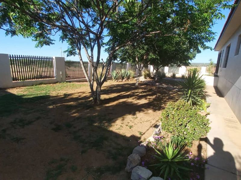 A rear garden area featuring a concrete walkway, perimeter wall with security fencing, and established trees.
