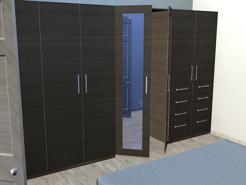 A digital rendering of a bedroom featuring built-in dark wood cabinetry with integrated shelving, drawers, and a mirrored door panel.