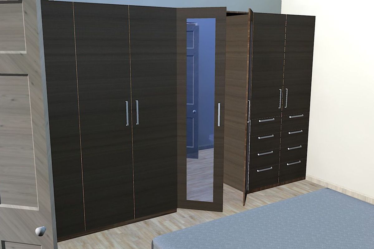 A digital rendering of a bedroom featuring built-in dark wood cabinetry with integrated shelving, drawers, and a mirrored door panel.