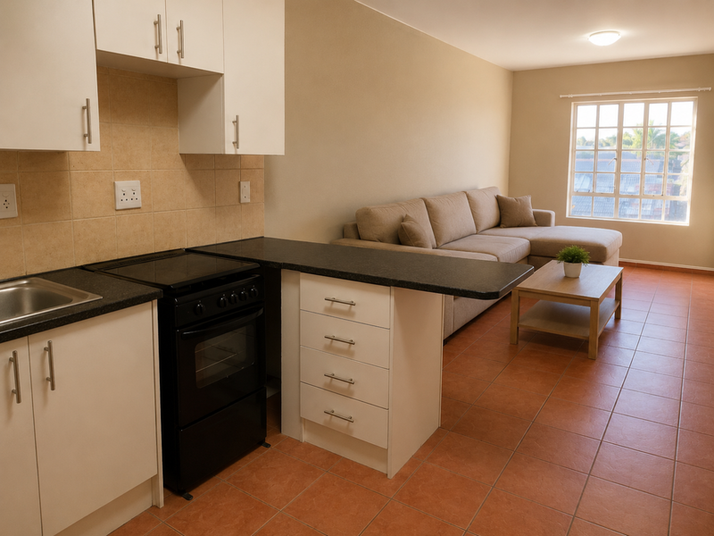 Open-plan living area featuring a functional kitchen with built-in cabinetry, laminate countertops, and a tiled floor, seamlessly flowing into the adjacent living space.