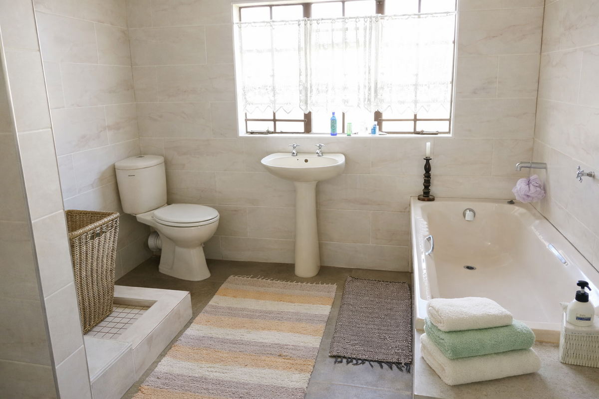 A functional bathroom featuring a pedestal basin, a built-in bathtub, and a toilet, finished with neutral wall tiling and a window for natural light.