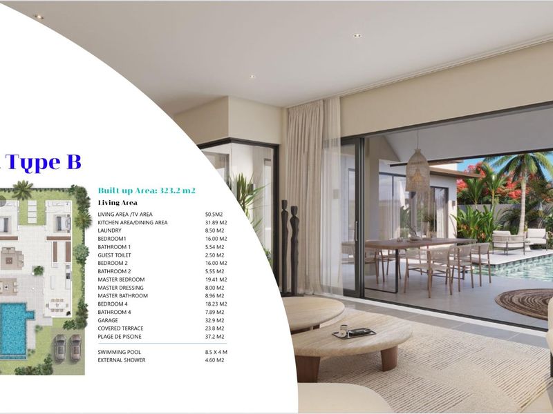 A professional architectural rendering of a Villa Type B, showcasing an open-plan living area with seamless indoor-outdoor flow to a private pool and terrace.