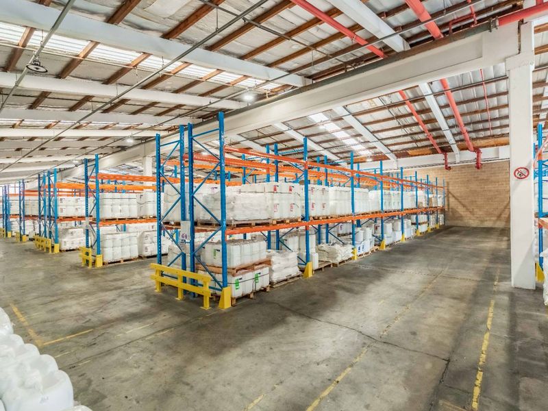Spacious industrial warehouse featuring high ceilings with exposed steel trusses, fire sprinkler system, concrete flooring, and extensive built-in pallet racking for storage.