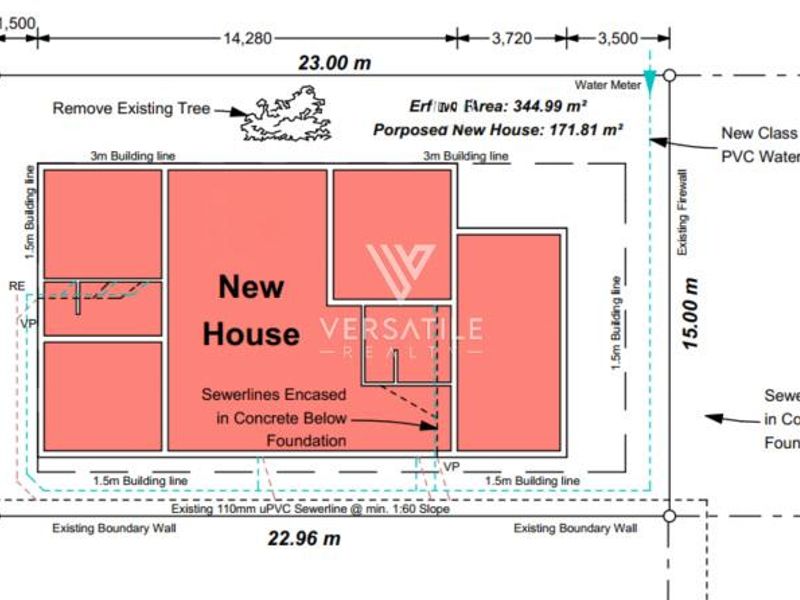 A detailed site plan showing the proposed new house layout, building lines, and utility connections on the residential erf.