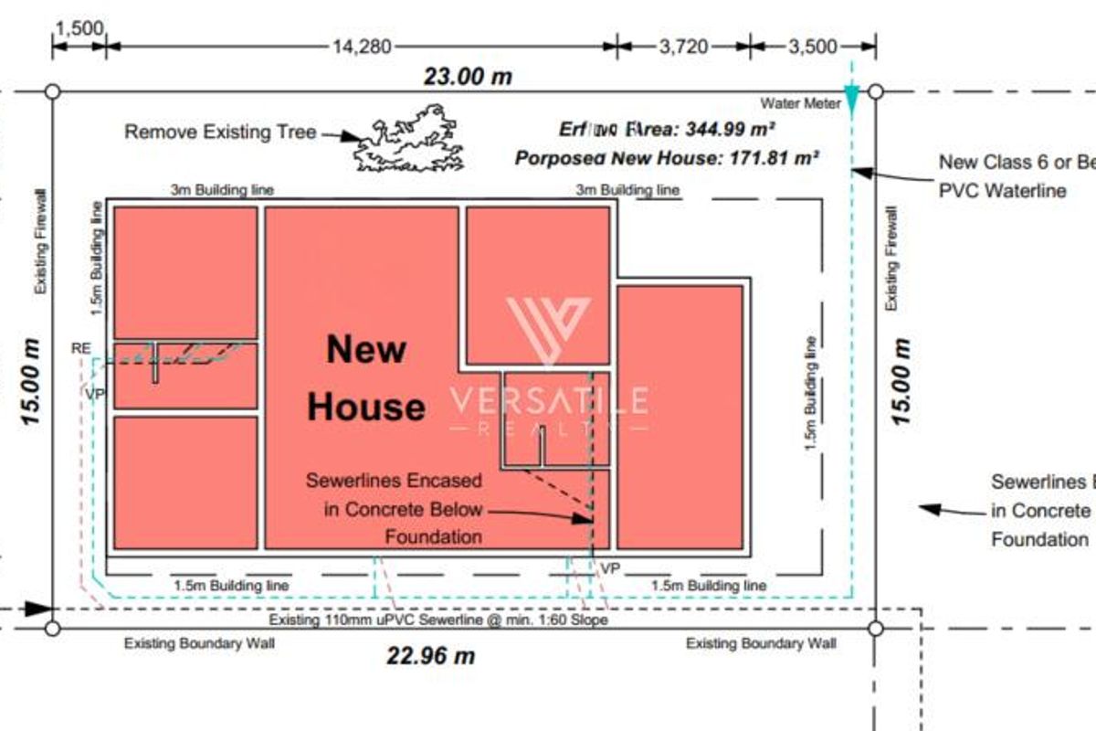 A detailed site plan showing the proposed new house layout, building lines, and utility connections on the residential erf.