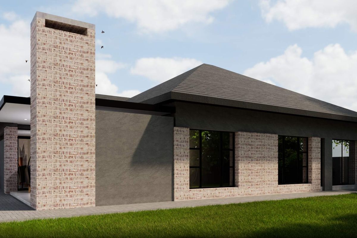 A modern exterior view of the townhouse featuring a prominent brick chimney, dark roof tiles, and large windows overlooking a manicured lawn.