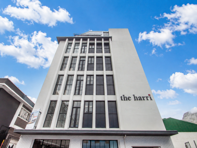 A low-angle exterior view of The Harri apartment building, showcasing its modern white facade, grid-style windows, and prominent building signage against a blue sky.