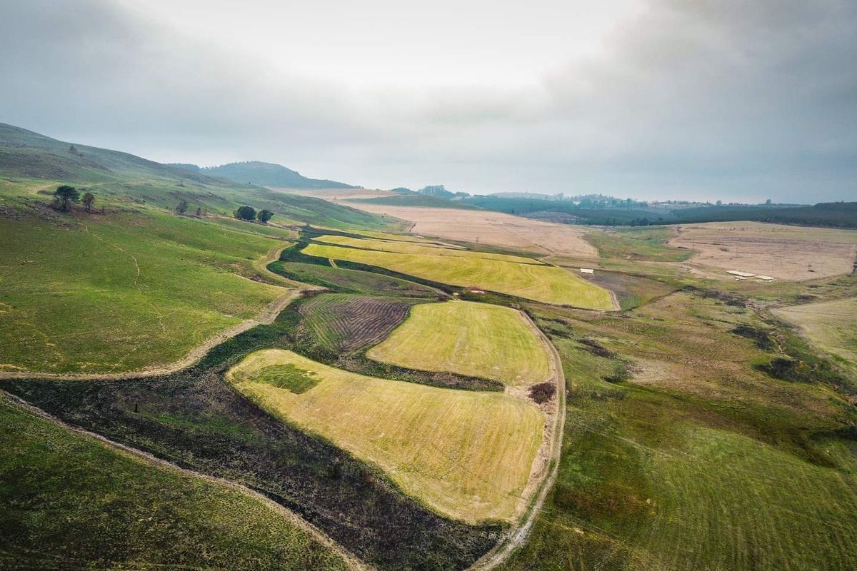 An aerial view of expansive rolling farmland featuring diverse fields, pastures, and natural landscape terrain under a cloudy sky.