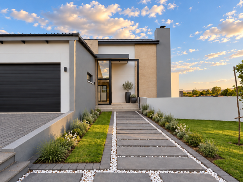 Modern front facade featuring a paved driveway, concrete walkway with decorative stone, integrated garage, and a clean, contemporary architectural design.