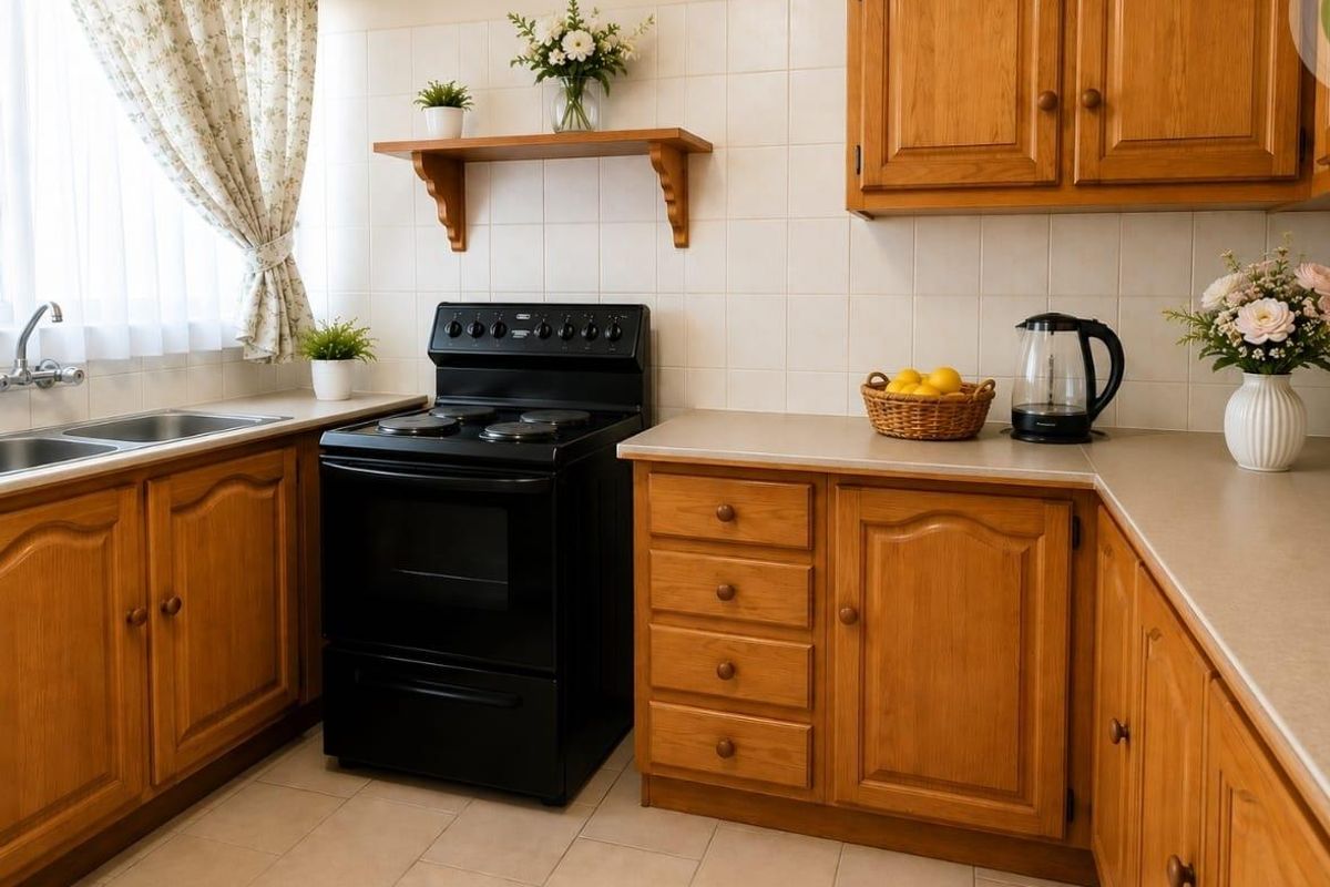 A functional kitchen featuring traditional wooden cabinetry, laminate countertops, a tiled backsplash, and a freestanding electric stove with a double sink.