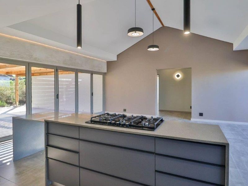 Modern kitchen featuring a central island with a built-in gas cooktop, vaulted ceilings, and large stacking doors leading to an outdoor area.