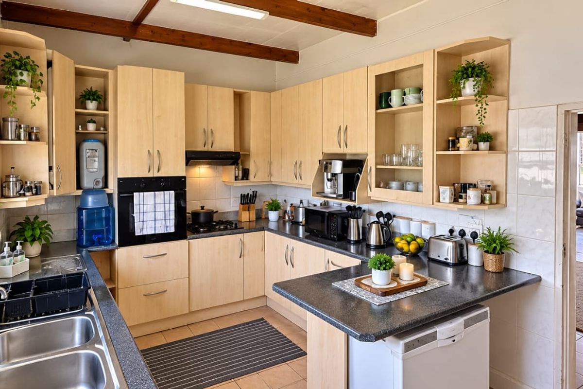 A functional kitchen featuring light wood cabinetry, dark laminate countertops, built-in oven and hob, and exposed timber ceiling beams with tiled flooring.