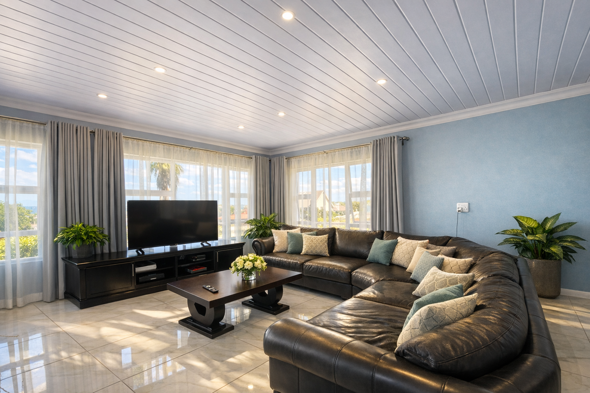 Spacious living room featuring large windows, tiled flooring, and a modern tongue-and-groove ceiling with recessed lighting.