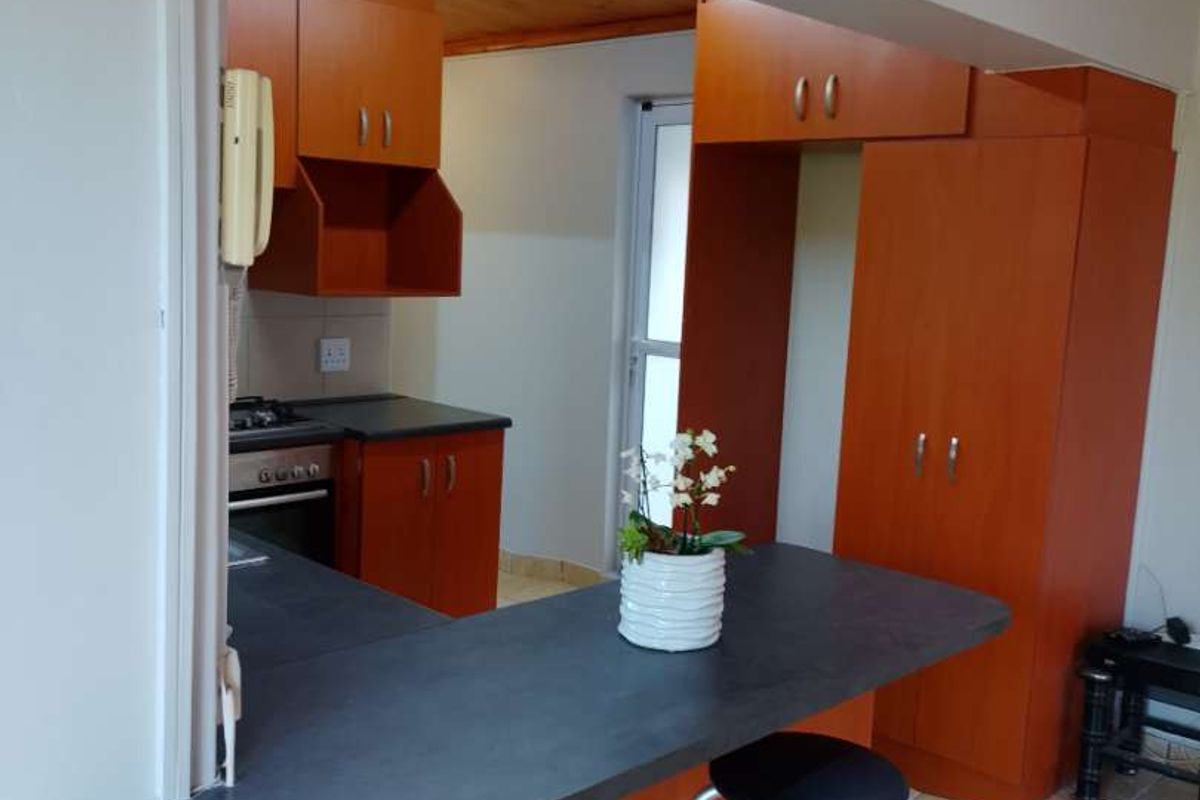 A functional kitchen featuring warm timber ceilings, built-in cabinetry, a gas stove, and a convenient breakfast bar overlooking the adjacent living space.