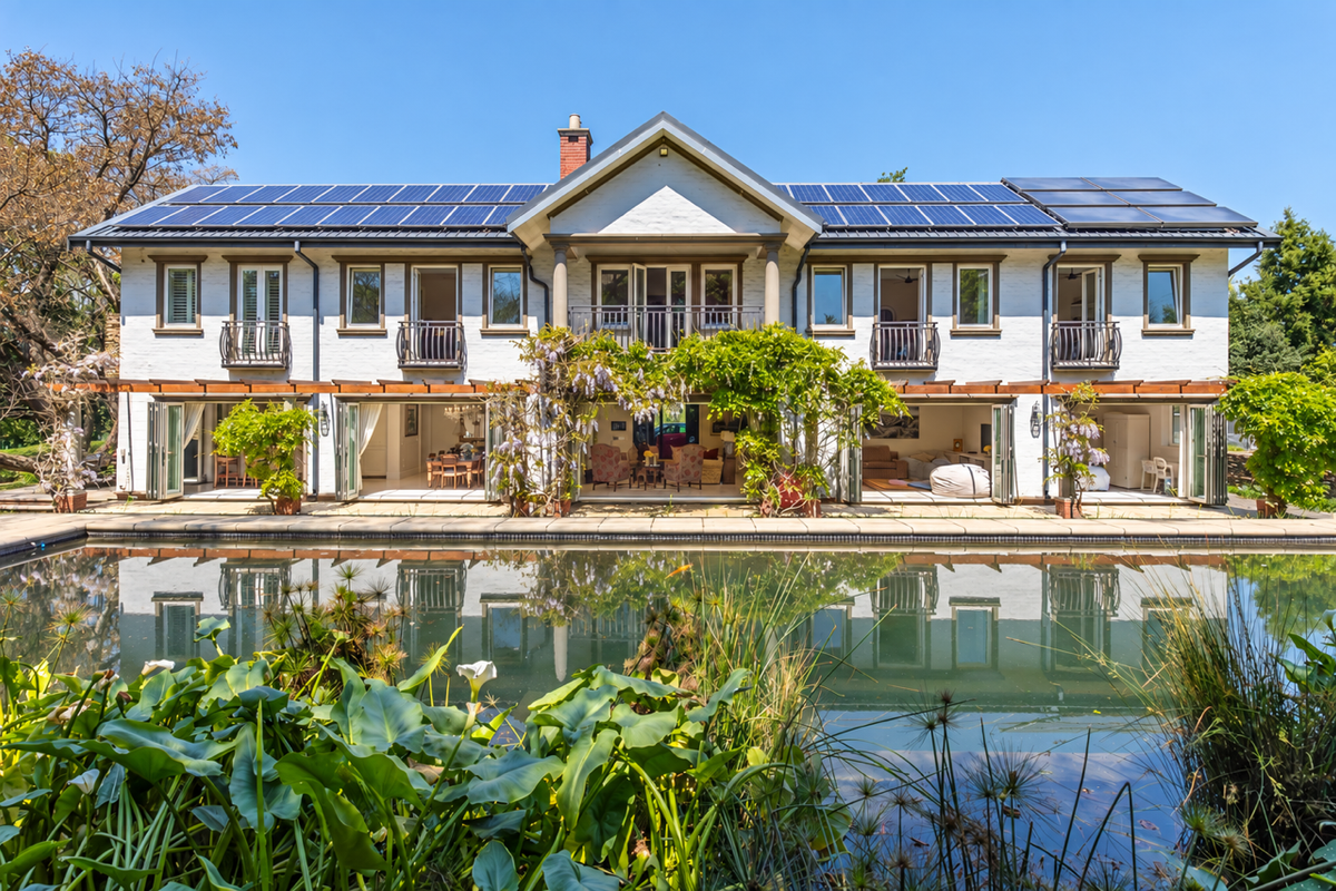 A stunning rear elevation of a two-story residence featuring solar panels, expansive bi-fold doors opening to a swimming pool, and manicured garden surroundings.