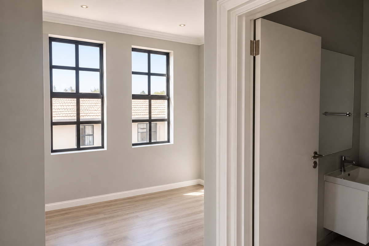A bright, modern bedroom featuring neutral walls, laminate flooring, and black-framed windows, with an adjacent en-suite bathroom vanity visible.