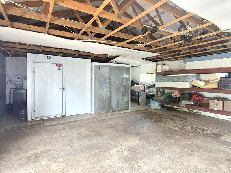 Utility space featuring a walk-in cold storage unit, exposed timber roof trusses, and industrial shelving, suitable for storage or specialized agricultural processing.