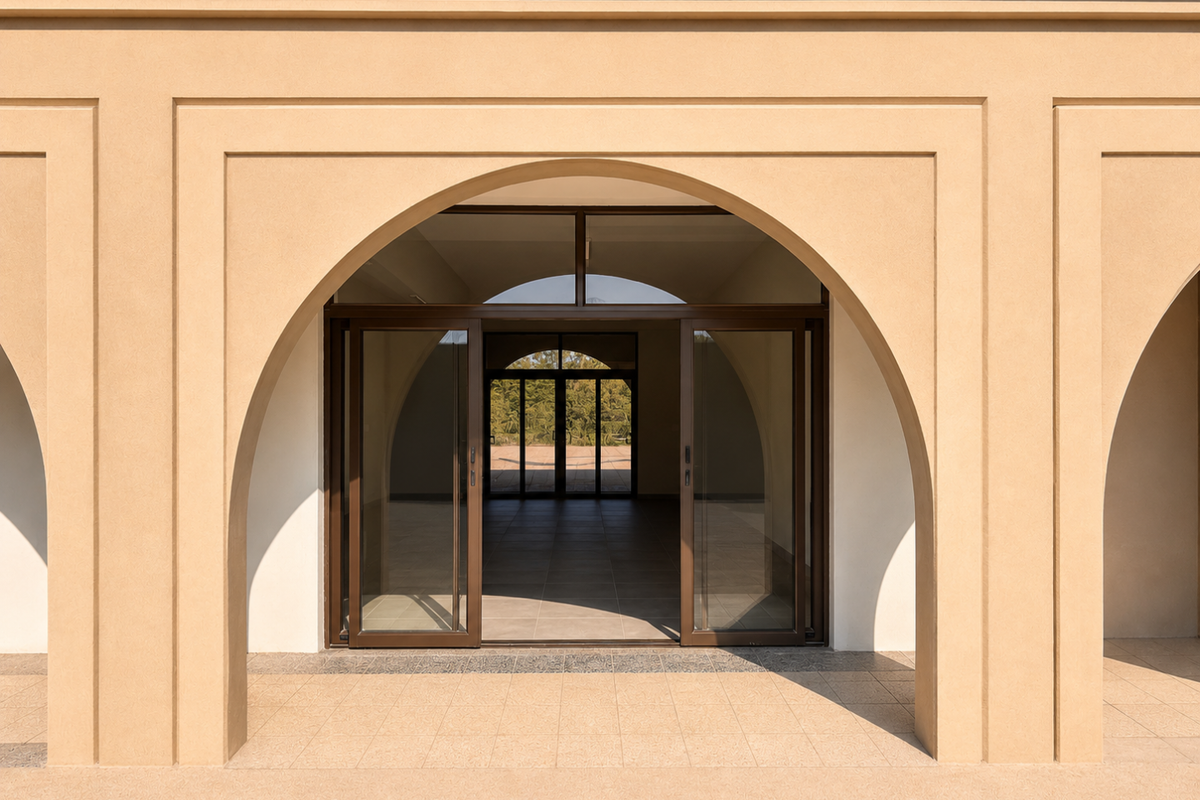 A well-maintained retail entrance featuring a prominent arched facade, tiled patio area, and modern sliding glass doors leading into an open interior space.
