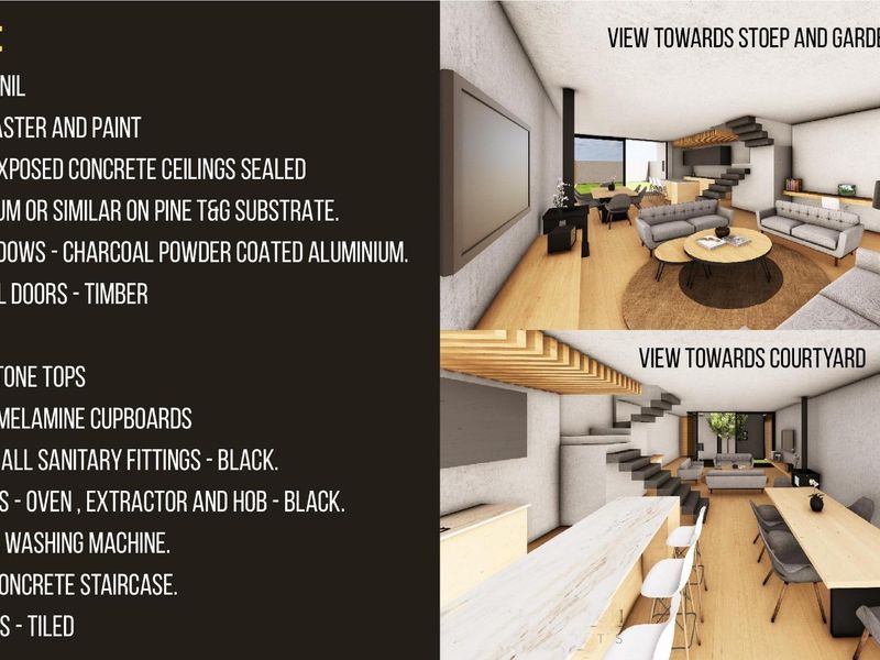 A digital architectural rendering of an open-plan living, dining, and kitchen area featuring modern finishes, exposed concrete elements, and a staircase.