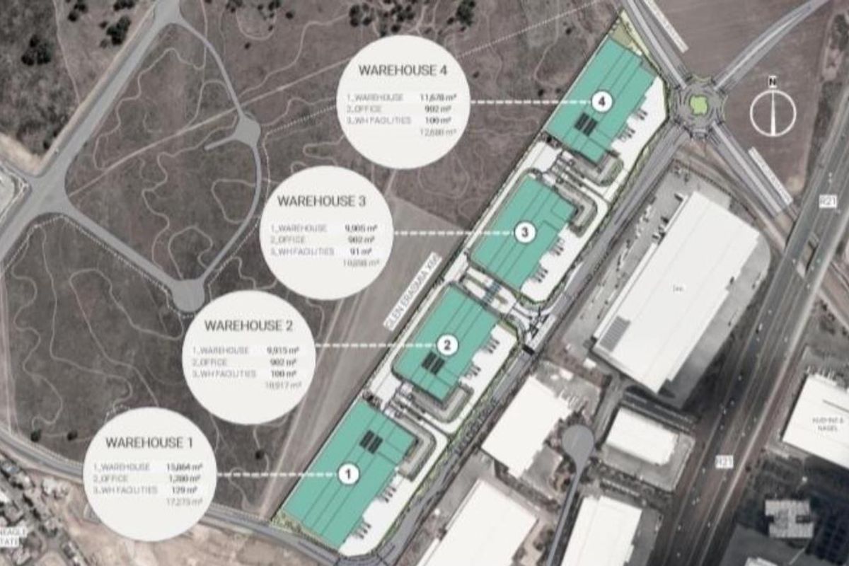 Aerial site plan showing the layout and square footage of four industrial warehouse units within the development.