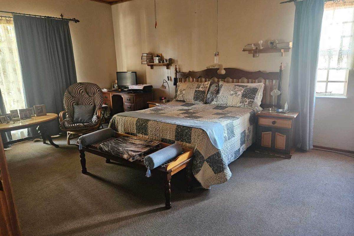 Spacious bedroom featuring timber ceiling finishes, carpeted flooring, and dual aspect windows providing natural light.