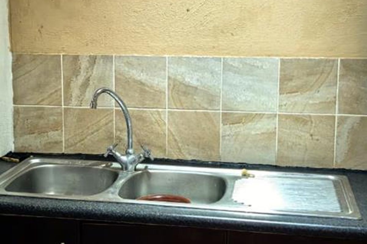 A kitchen sink area featuring dark cabinetry, a stainless steel double-bowl sink with a mixer tap, and tiled splashback.