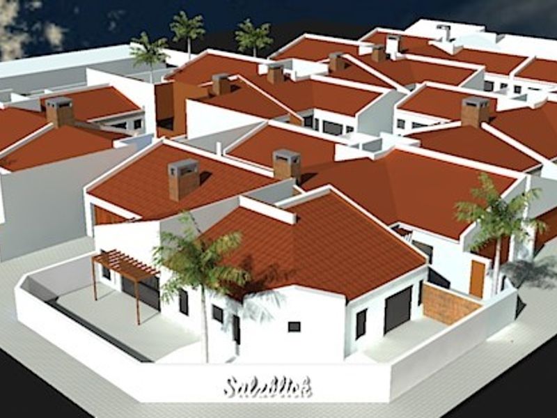 An aerial 3D architectural rendering of a townhouse complex featuring multiple units with tiled roofs and private boundary walls.
