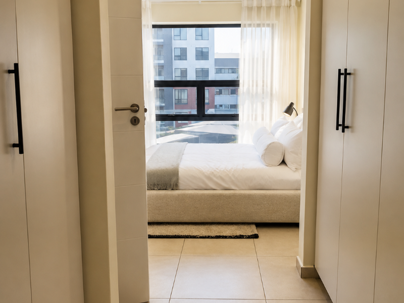 A bright bedroom featuring built-in cupboards, neutral tiled flooring, and a large window providing natural light and an urban view.