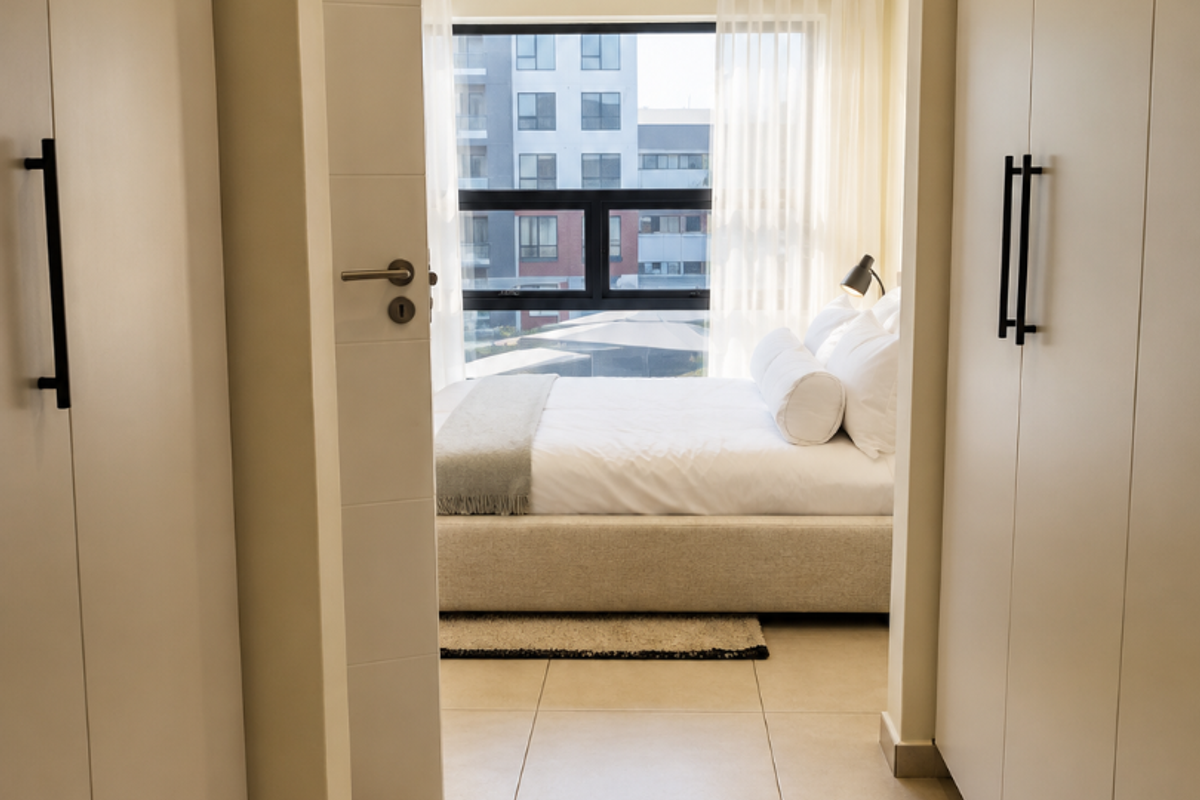 A bright bedroom featuring built-in cupboards, neutral tiled flooring, and a large window providing natural light and an urban view.
