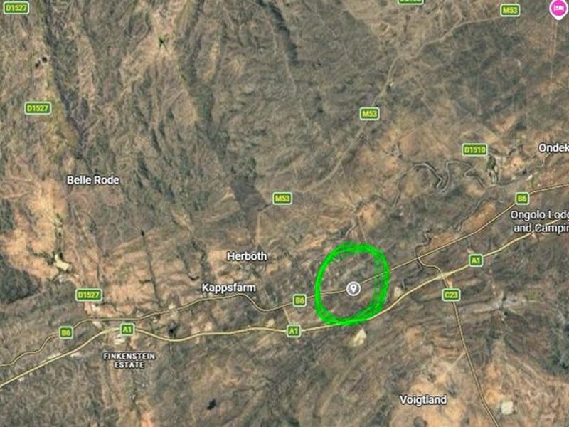 An aerial satellite map view showing the location of the vacant land residential property in relation to Windhoek and surrounding areas.