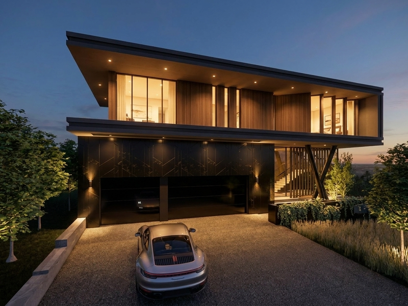Modern architectural double-story residence featuring a sleek black facade, integrated double garage, and warm timber accents, set against a twilight sky.