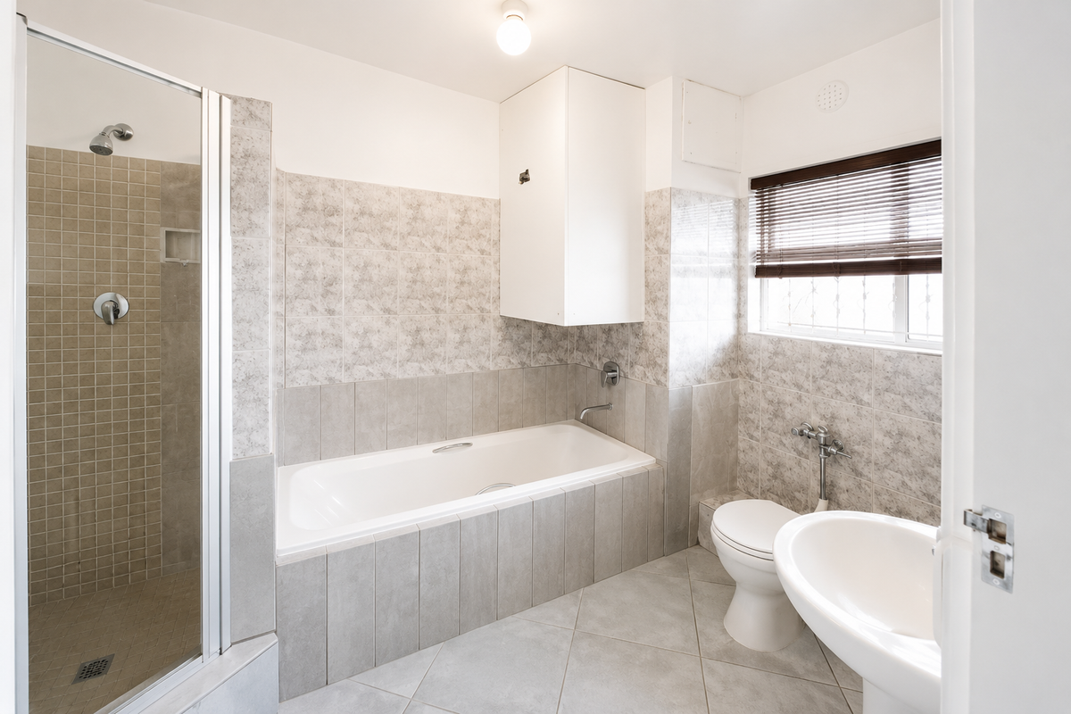 A functional bathroom featuring a separate shower enclosure, built-in bathtub, pedestal basin, and toilet with neutral tiled finishes throughout.