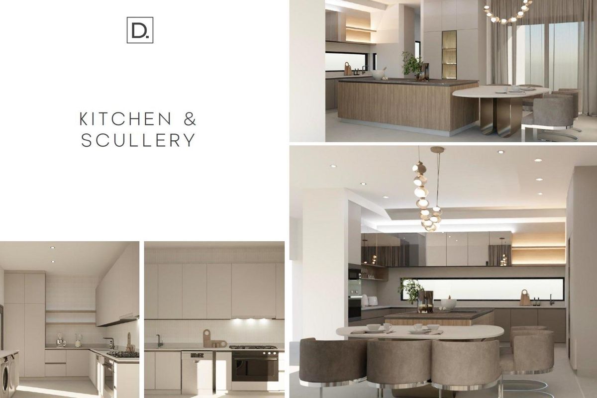 A modern kitchen and scullery featuring high-end cabinetry, integrated appliances, and a sleek island, presented in a professional architectural render.