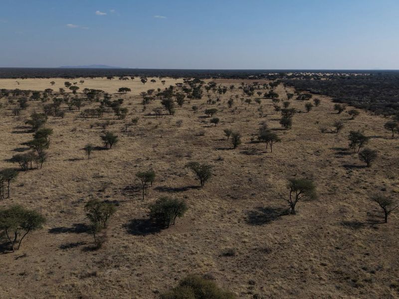 An expansive aerial view of the farm property, showcasing the vast open landscape and natural vegetation characteristic of the region.