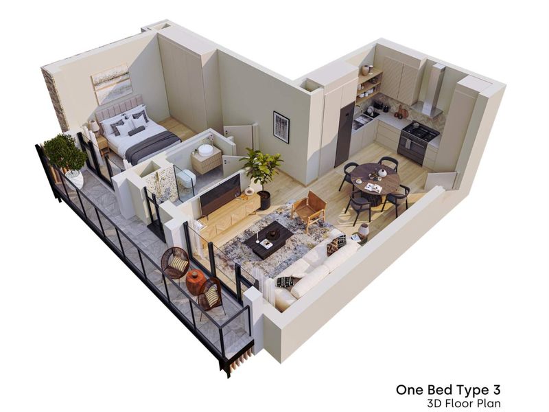A 3D floor plan rendering of a one-bedroom apartment featuring an open-plan kitchen, living area, bedroom, bathroom, and a private balcony.