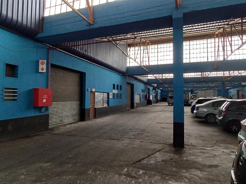 Spacious industrial warehouse or garage facility featuring high ceilings with exposed steel trusses, roller shutter access, and durable concrete flooring.
