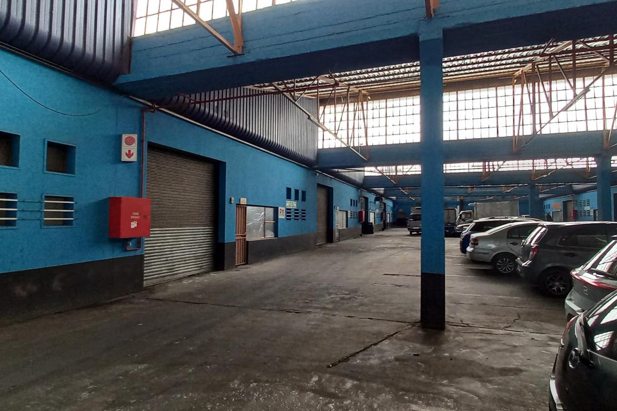 Spacious industrial warehouse or garage facility featuring high ceilings with exposed steel trusses, roller shutter access, and durable concrete flooring.