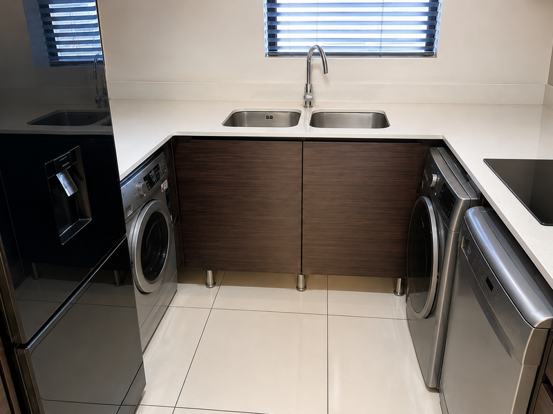 A modern, well-appointed scullery featuring stone countertops, double stainless steel sink, integrated cabinetry, and space for multiple appliances.