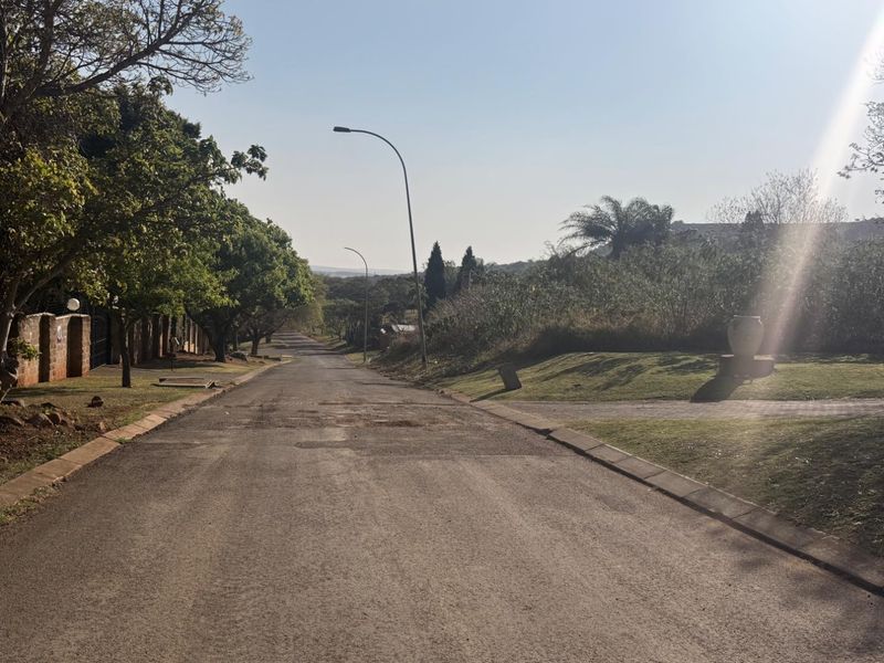 A view of the residential street approach featuring asphalt paving, street lighting, and established landscaped verges.