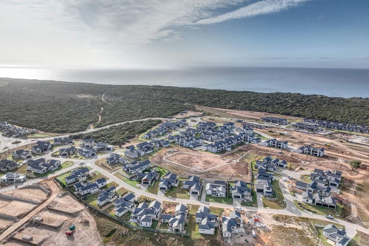 An aerial view of a modern residential estate development featuring multiple homes, paved roads, and proximity to the coastline.