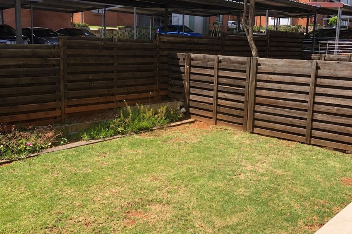 A private rear garden area featuring a small lawn, timber slat fencing, and an adjoining tiled patio space.