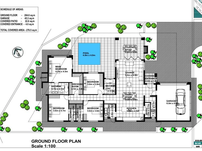 Architectural ground floor plan showing the layout of the house, including bedrooms, living areas, kitchen, garage, and outdoor pool area.