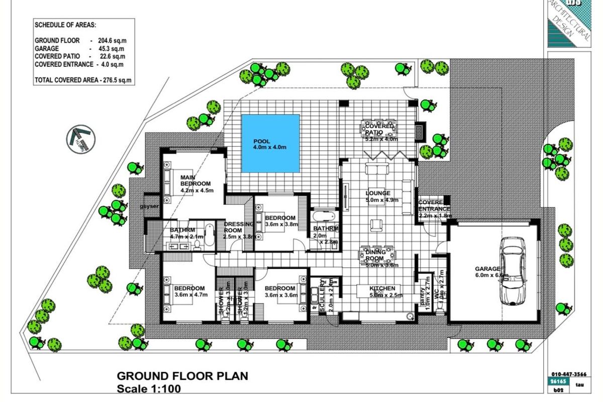 Architectural ground floor plan showing the layout of the house, including bedrooms, living areas, kitchen, garage, and outdoor pool area.